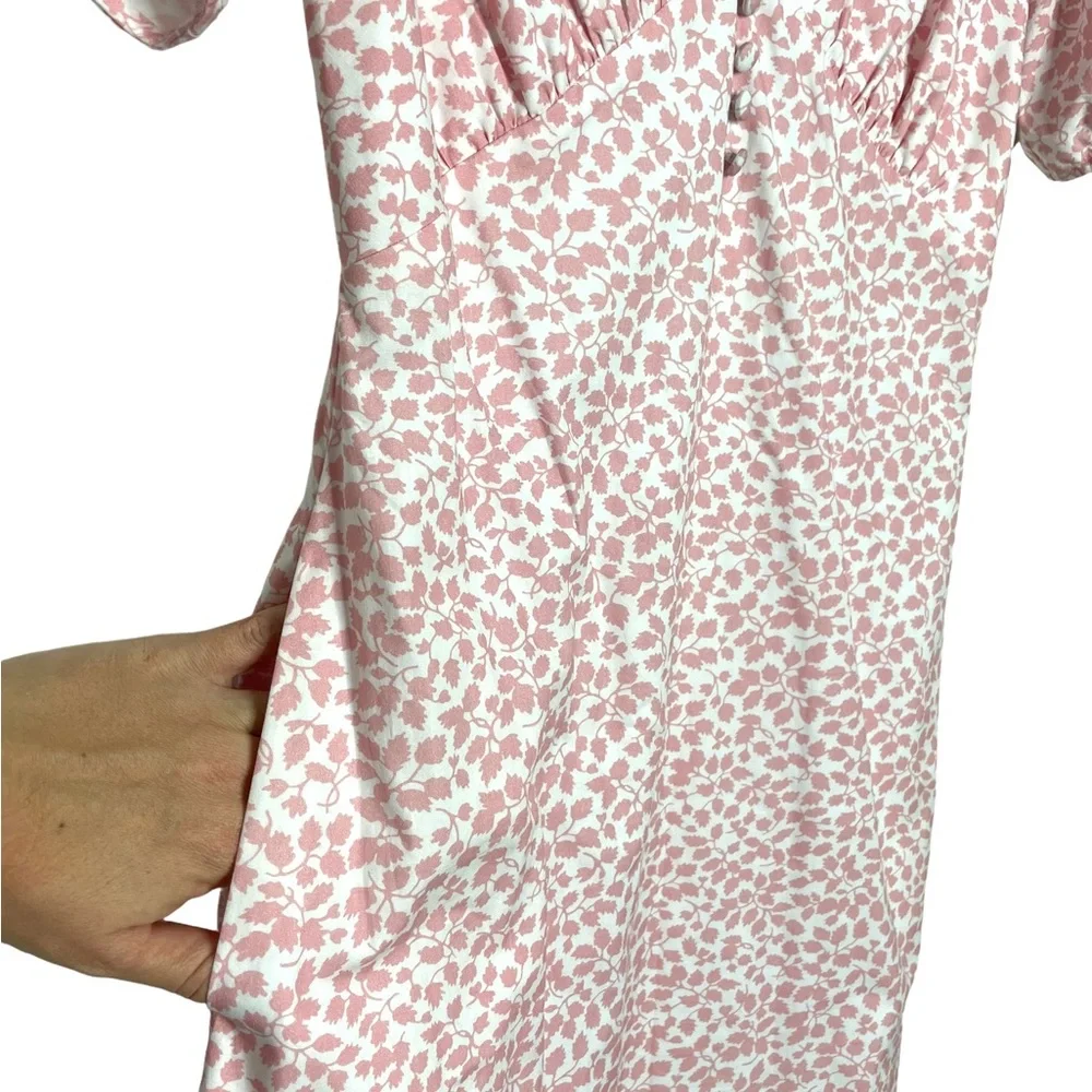 Coco Shop | Antigua Pink Floral Puff Sleeve Midi Dress Small